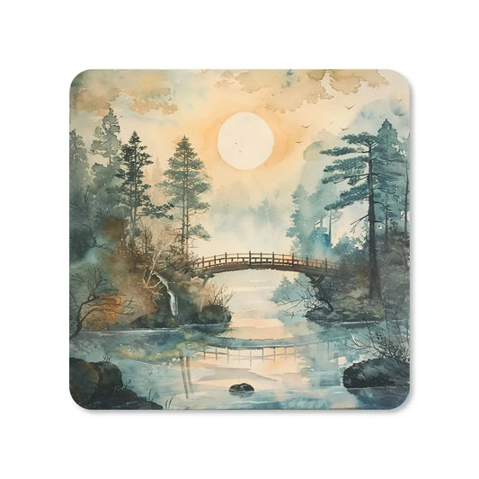 Dessous de verre carré en MDF - Jardin d'automne : érables rouges, pont en bois et reflets sur l'eau