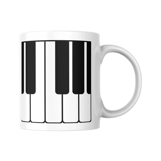 Mug blanc céramique 325ml orné d'une illustration d'un clavier de piano. Coté verso