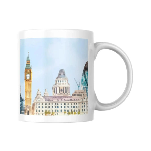 Mug céramique blanc avec illustration panoramique de Londres style aquarelle. Vue 2 | Place des Images