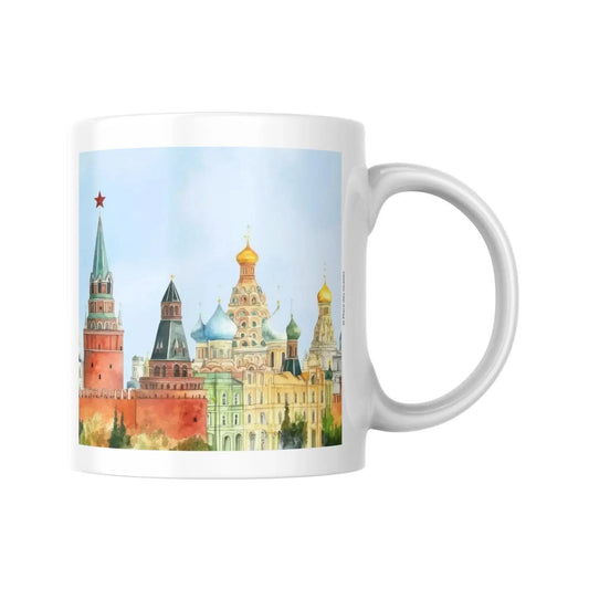 Mug céramique blanc avec illustration panoramique de Moscou style aquarelle. Vue 2 | Place des Images