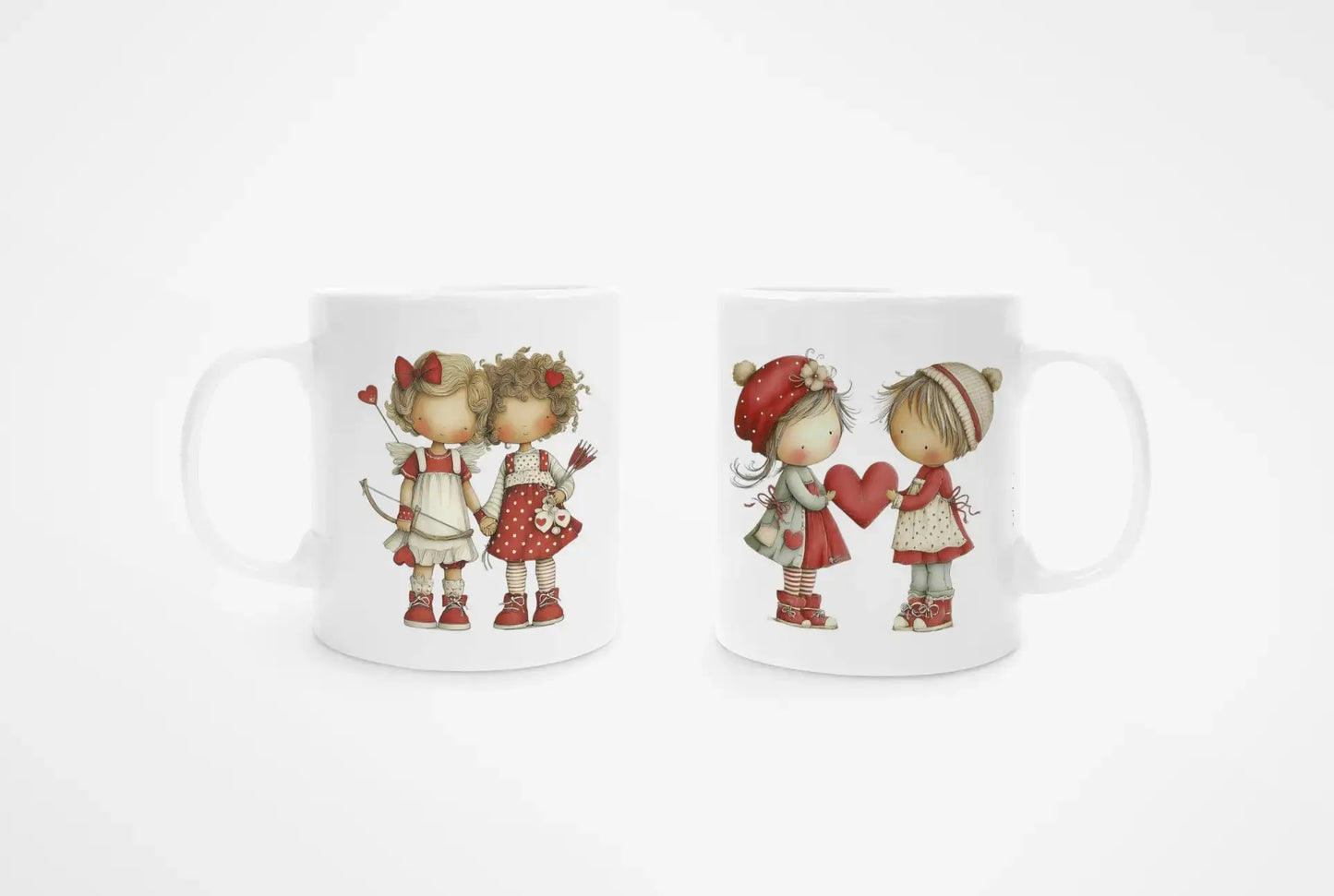 Mug blanc céramique 325ml avec 2 illustrations de couples de jeunes femmes LGBT. Vues recto-verso