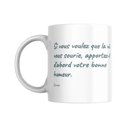 Mug blanc céramique 325ml avec illustration Arbre de vie jaune et citation de Spinoza. Vue côté citation