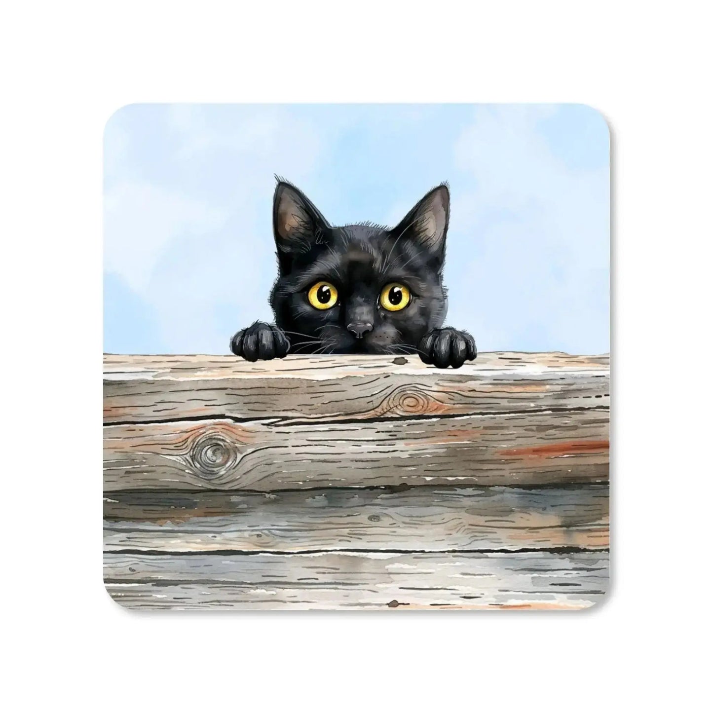 Dessous de verre - Chat noir regardant au-dessus d'une palissade en bois - Place des Images