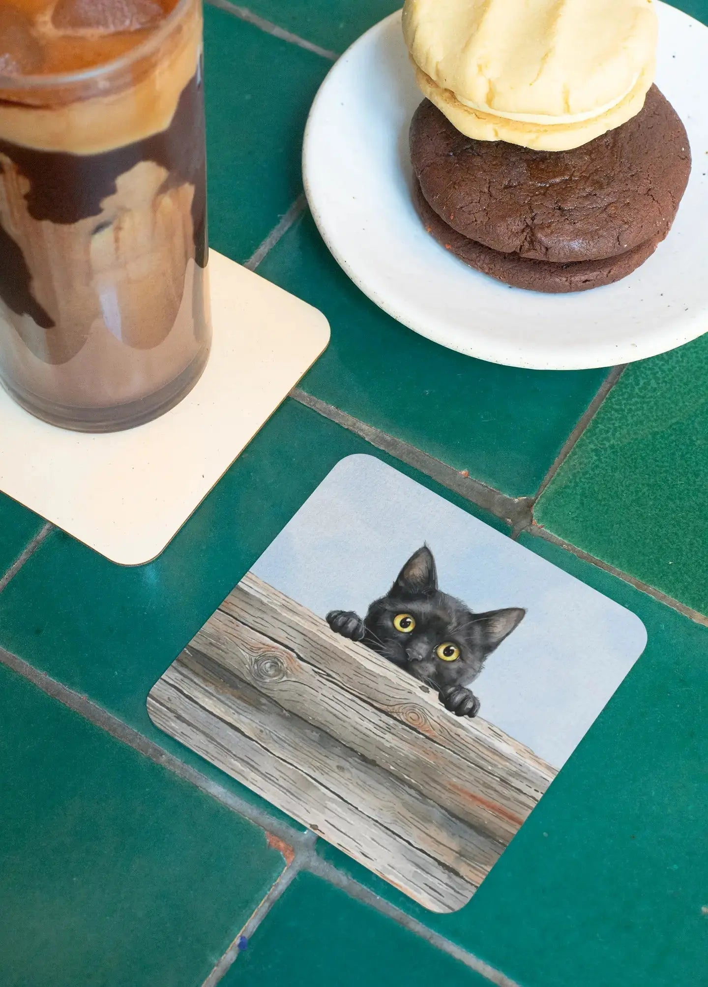 Dessous de verre - Chat noir regardant au-dessus d'une palissade - Vue en situation - Place des Images