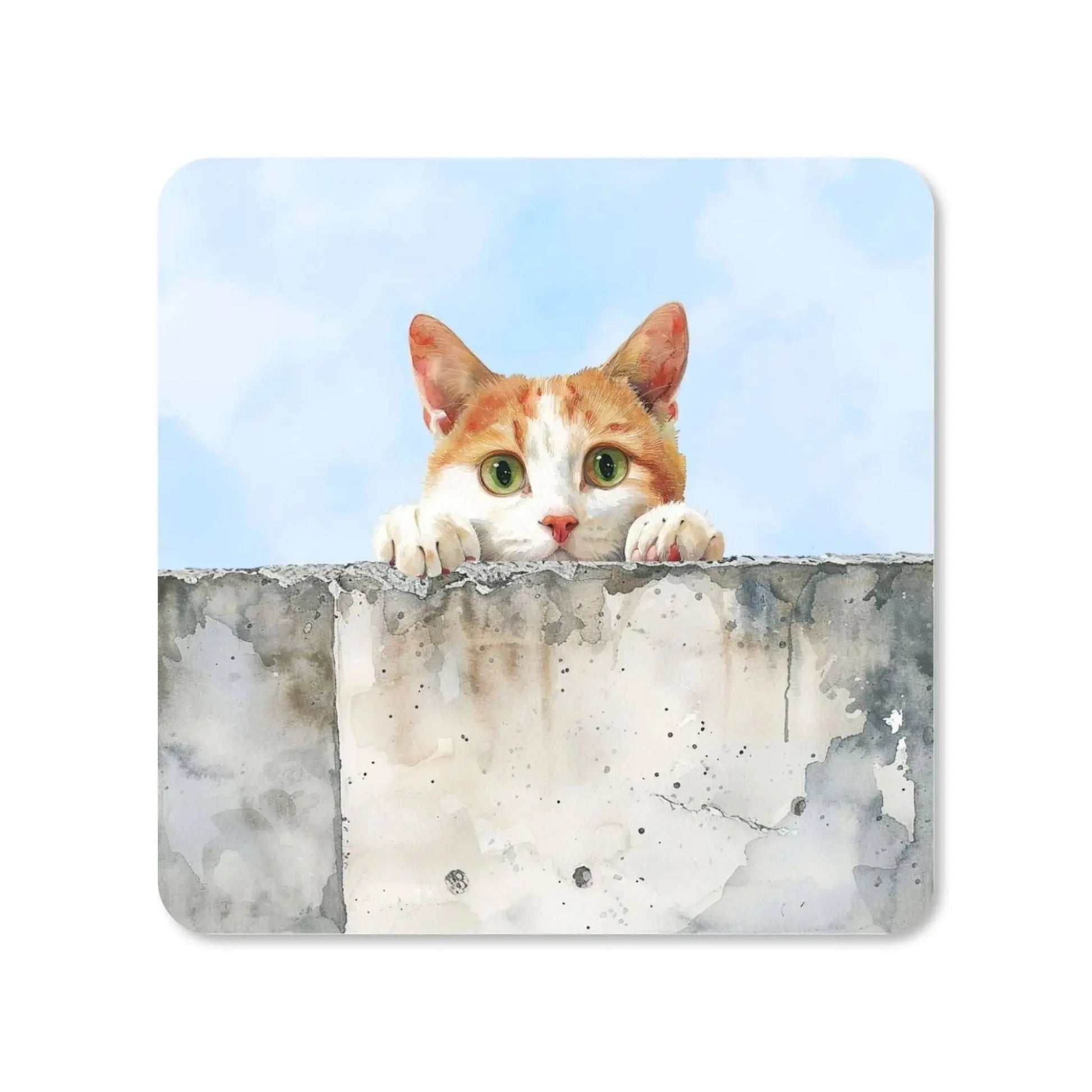 Dessous de verre - Chat roux et blanc regardant au-dessus d'un mur - Place des Images