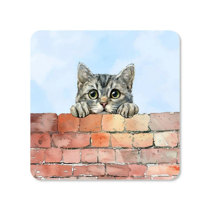 Dessous de verre - Chat gris regardant au-dessus d'un mur de briques - Place des Images