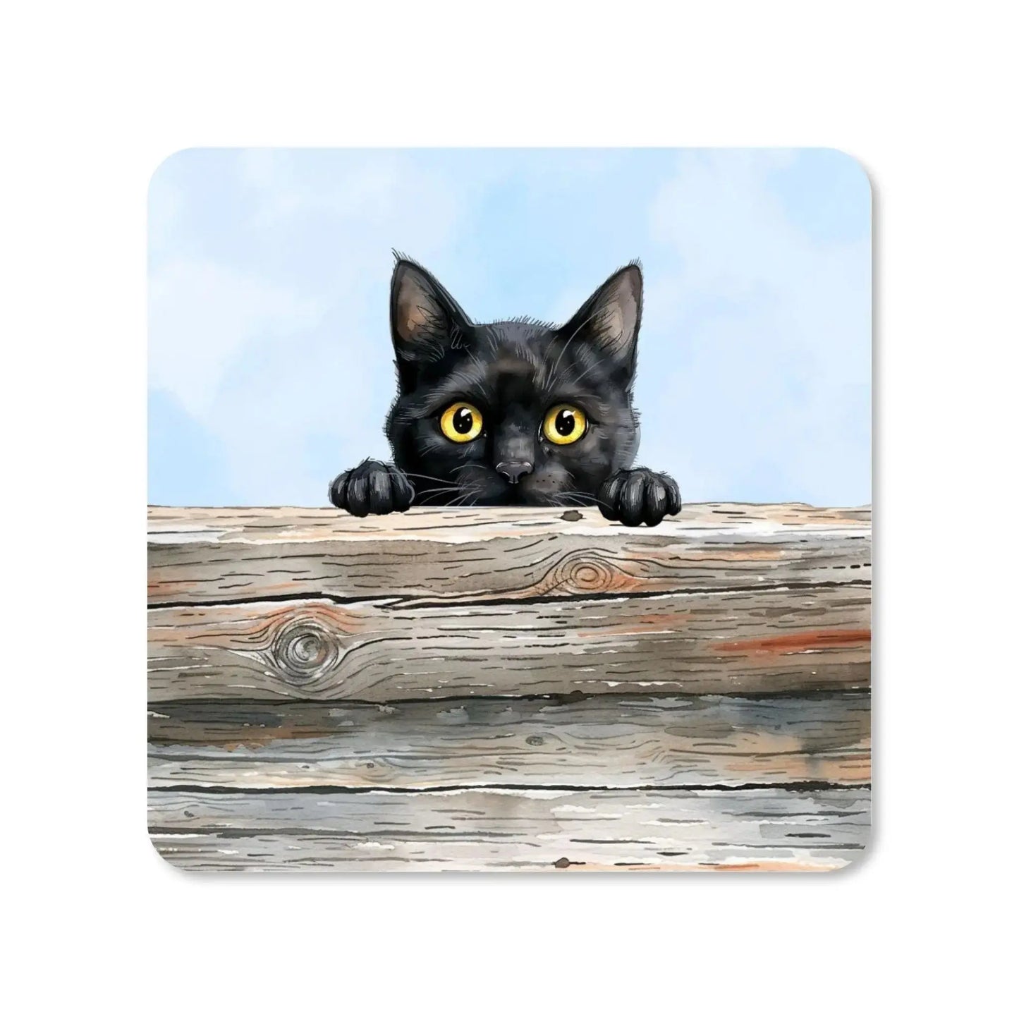 Dessous de verre - Chat noir regardant au-dessus d'une palissade en bois - Place des Images