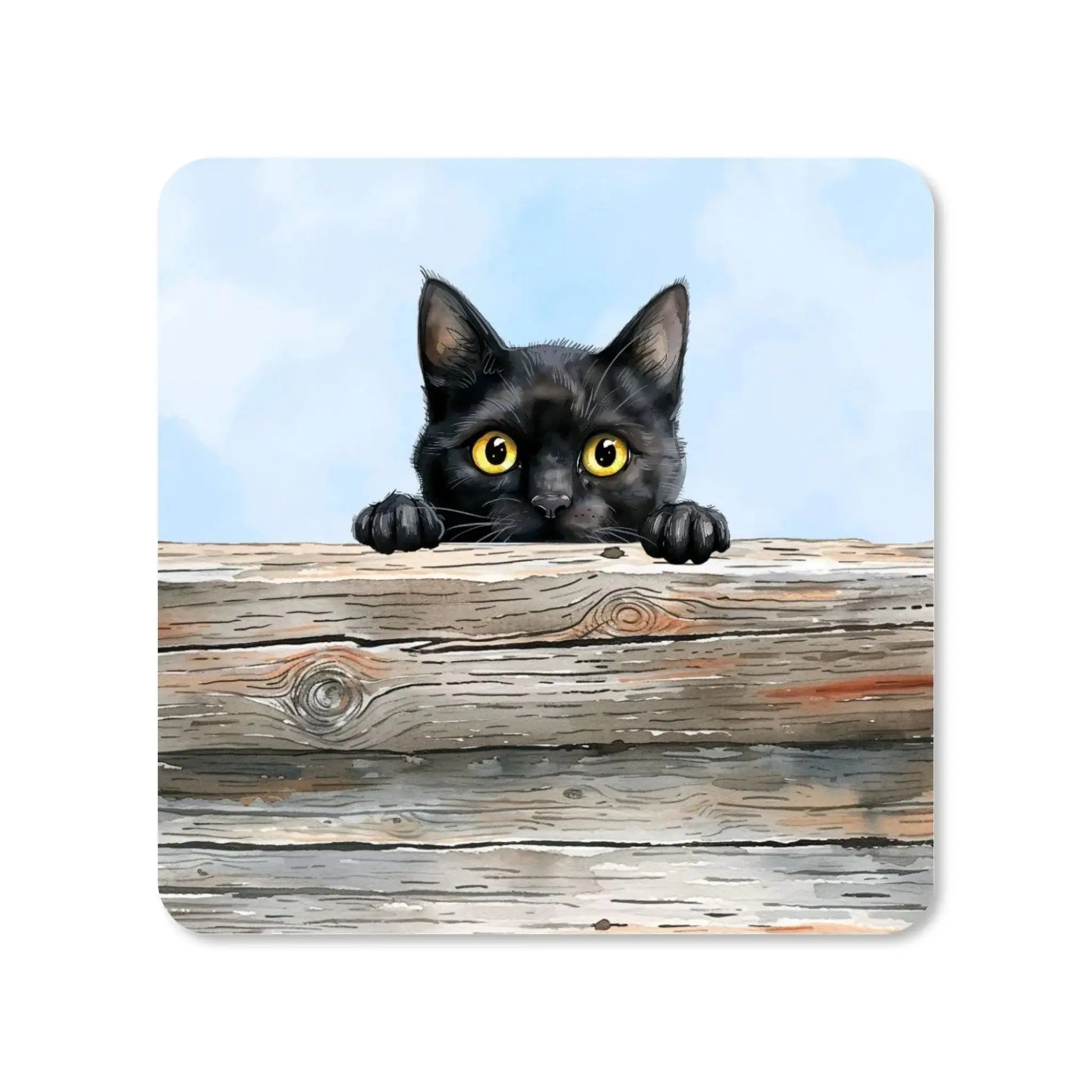 Dessous de verre - Chat noir regardant au-dessus d'une palissade en bois - Place des Images