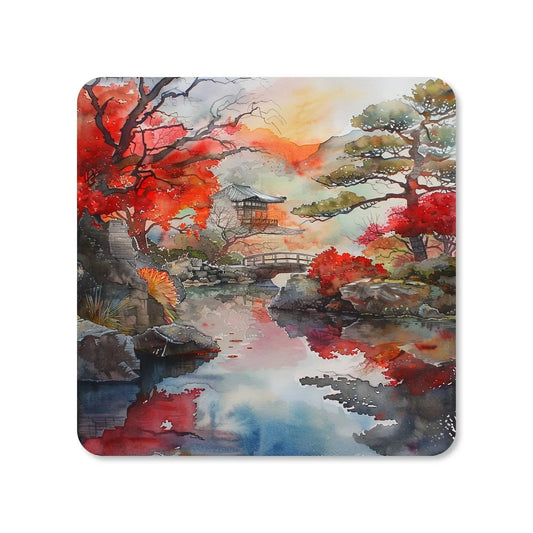 Dessous de verre carré en MDF -  Paysage japonais en aquarelle avec pagode, petit pont de bois enjambant un cours d'eau, érable du Japon aux feuilles rouges 
