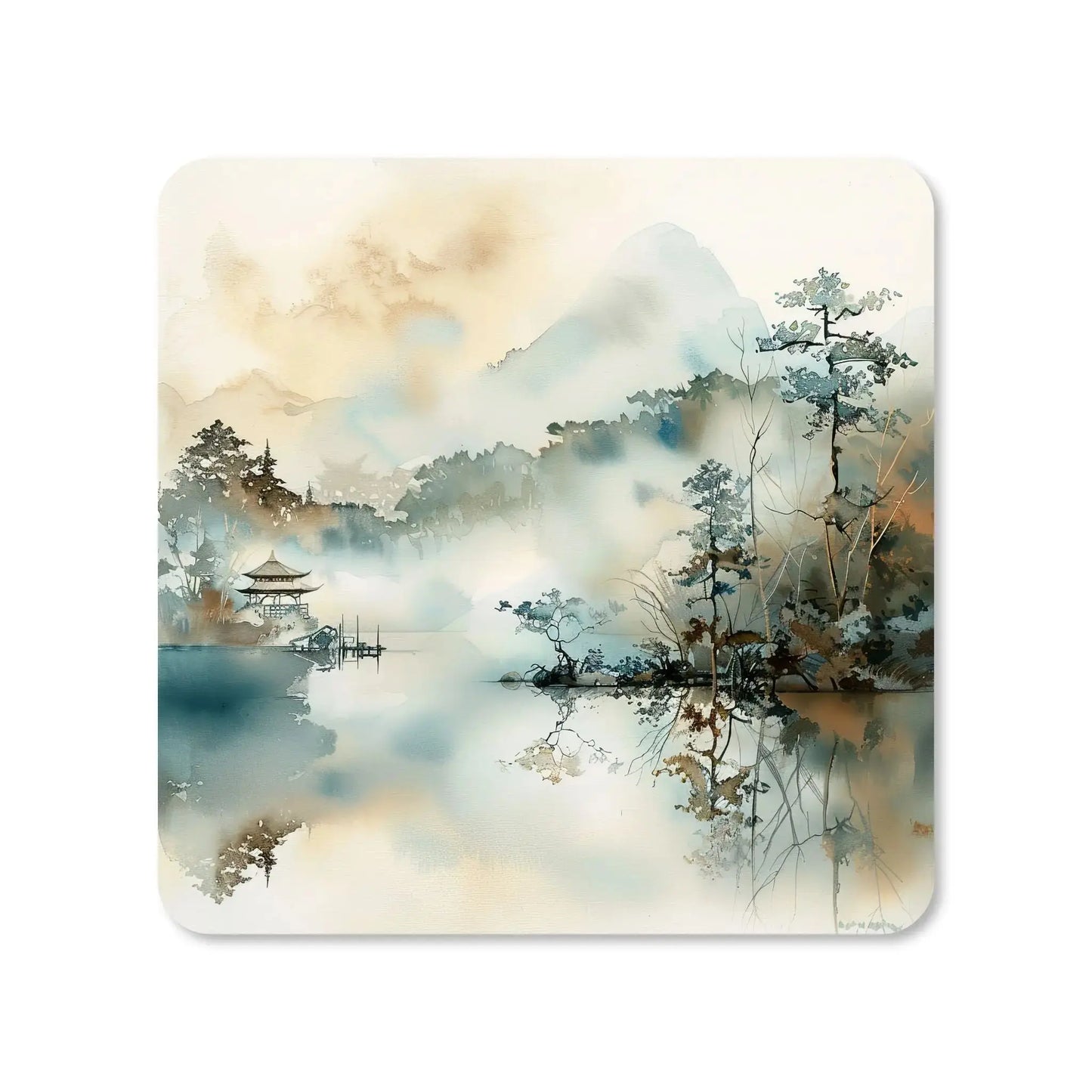 Dessous de verre carré en MDF -  Paysage japonais en aquarelle repréentant une pagode au bord d'un lac, dans la brume.