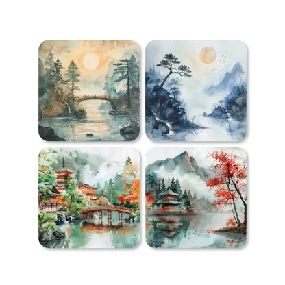 Lot de 4 dessous de verre carré en MDF - Représentations en aquarelle de paysages japonais.