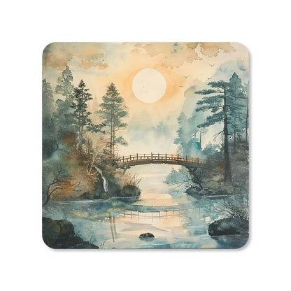 Dessous de verre carré en MDF - Jardin d'automne : érables rouges, pont en bois et reflets sur l'eau