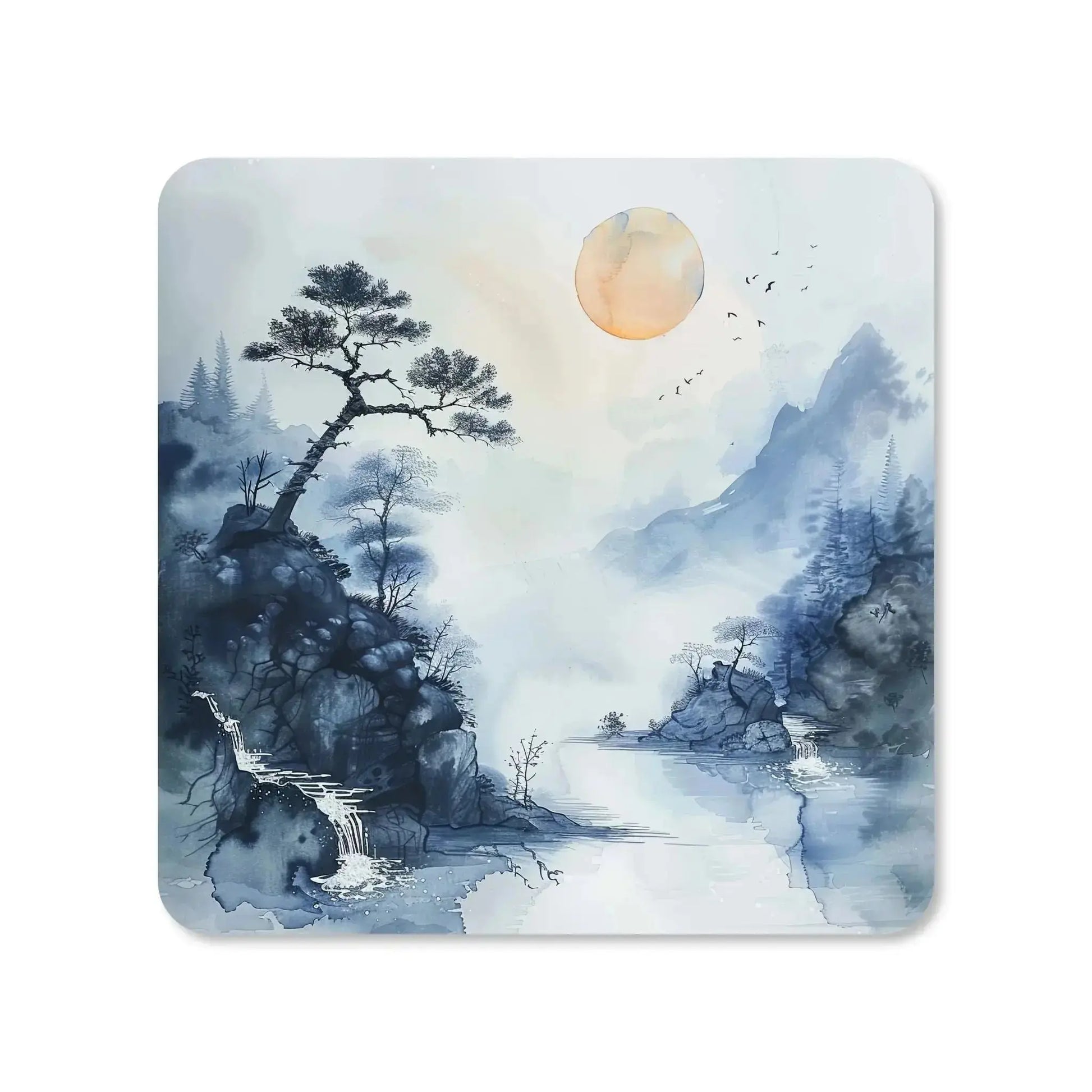 Dessous de verre carré en MDF - Lac dans la brume : pagode lointaine, arbres dénudés, tons beige et ardoise