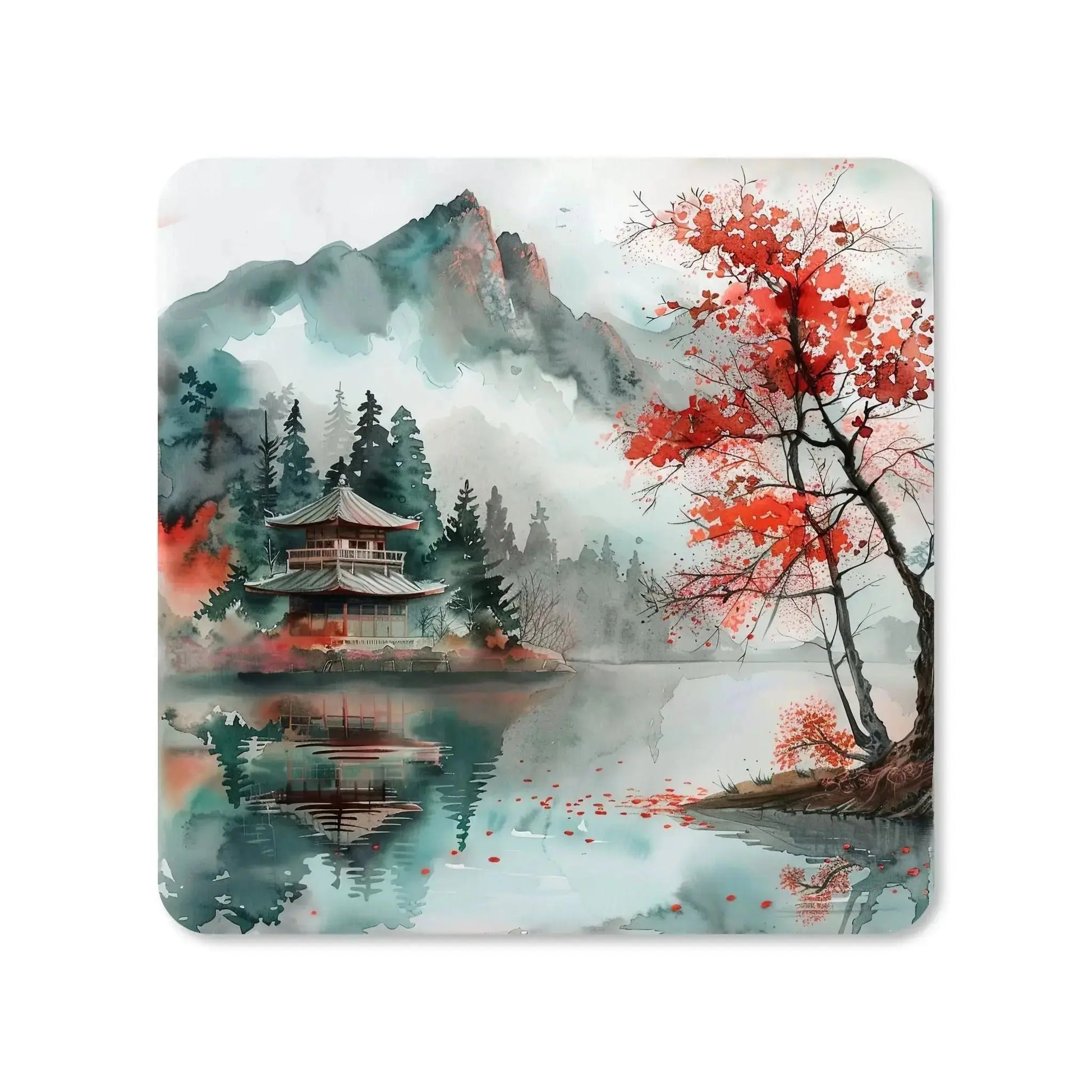 Dessous de verre carré en MDF - Crépuscule au bord du lac : silhouette de pins, pagode et nuages dorés