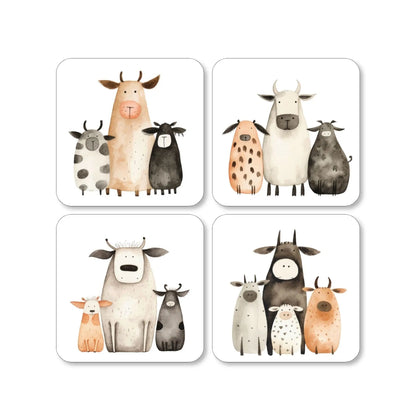 Lot de 4 dessous de verre imprimé avec des vaches stylisées sur fond blanc