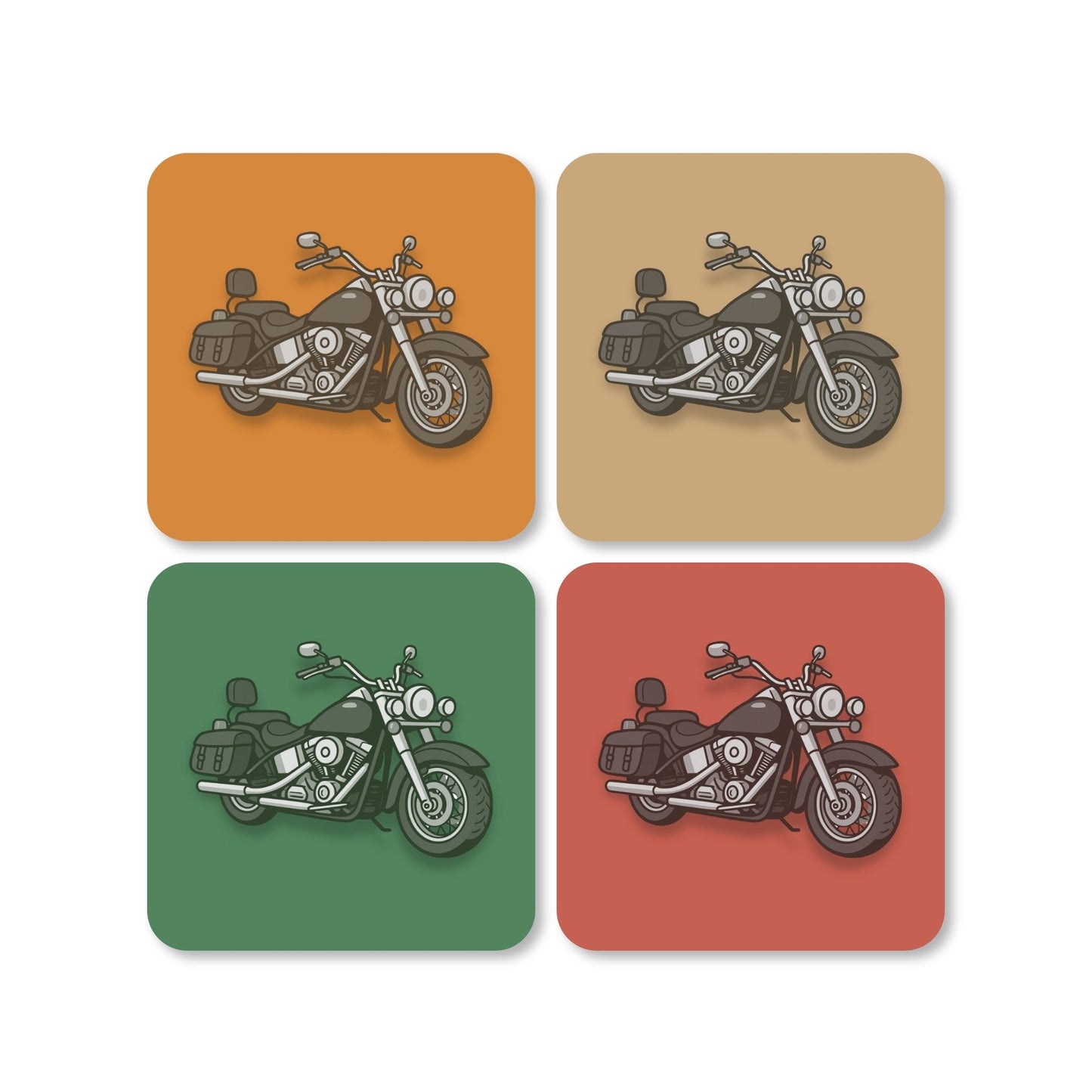 Lot de 4 dessous de verre carré sur fonds de couleur assorties illustration moto vintage