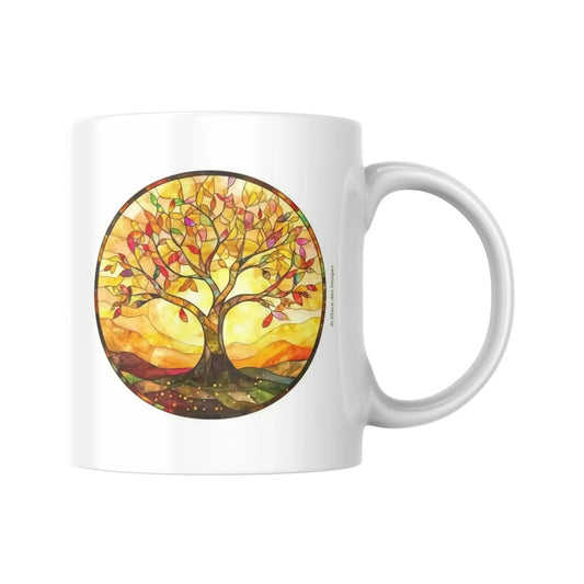 Mug blanc céramique 325ml avec illustration Arbre de vie jaune et expression "La vie est belle". Vue côté arbre