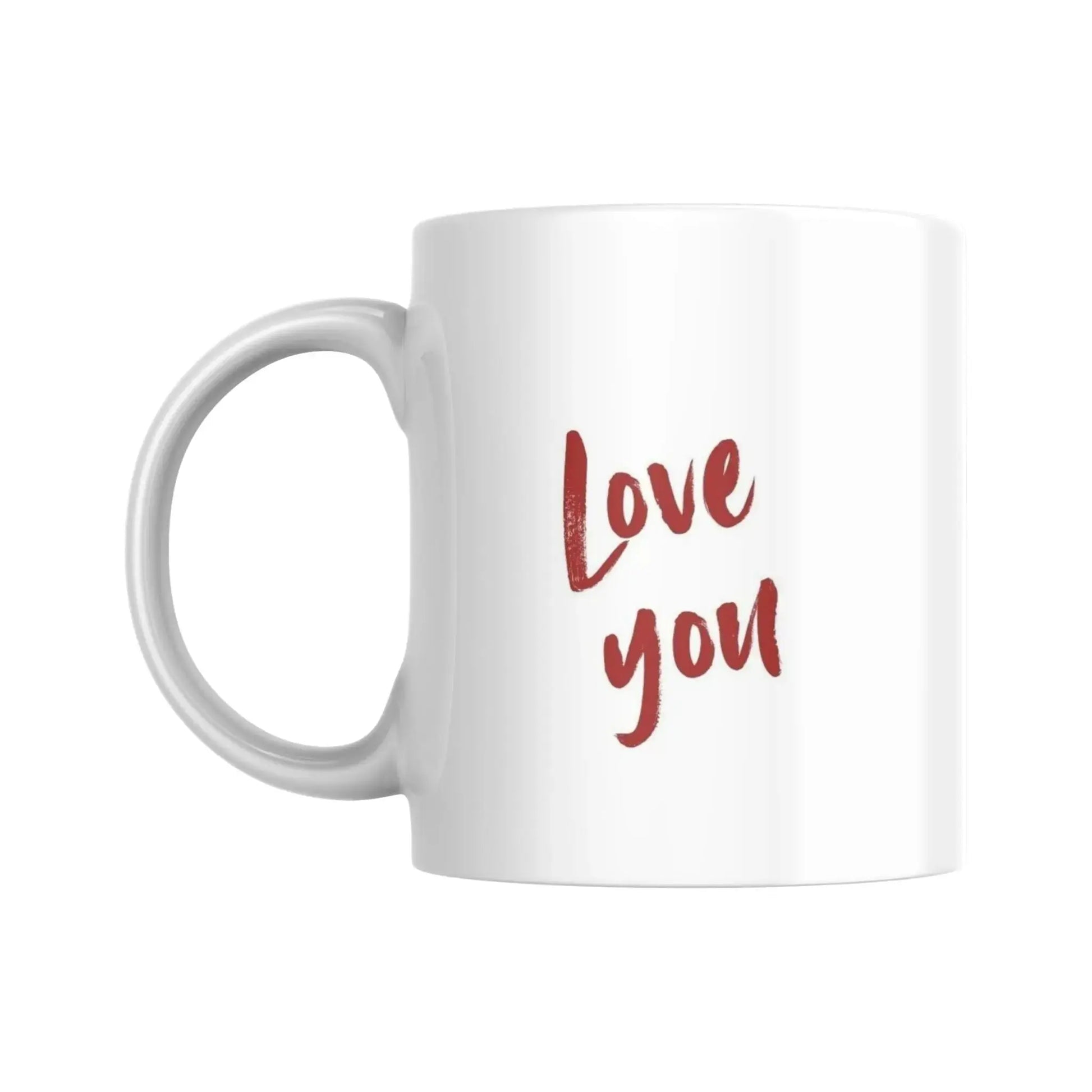 Mug blanc céramique 325ml orné d'une illustration d'un chat et de ballons en forme cœurs. Coté recto