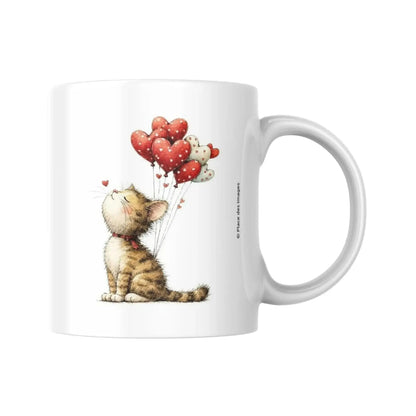 Mug blanc céramique 325ml orné d'une illustration d'un chat et de ballons en forme cœurs. Côté verso
