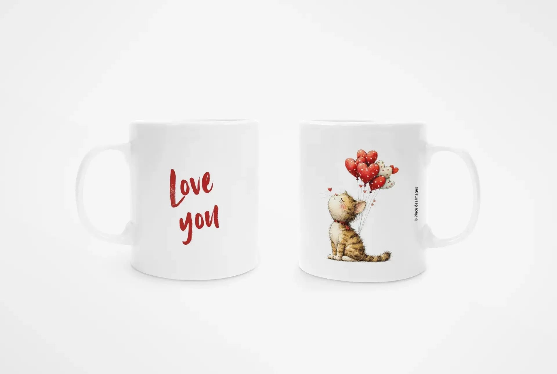 Mug blanc céramique 325ml orné d'une illustration d'un chat et de ballons en forme cœurs. Vues recto-verso