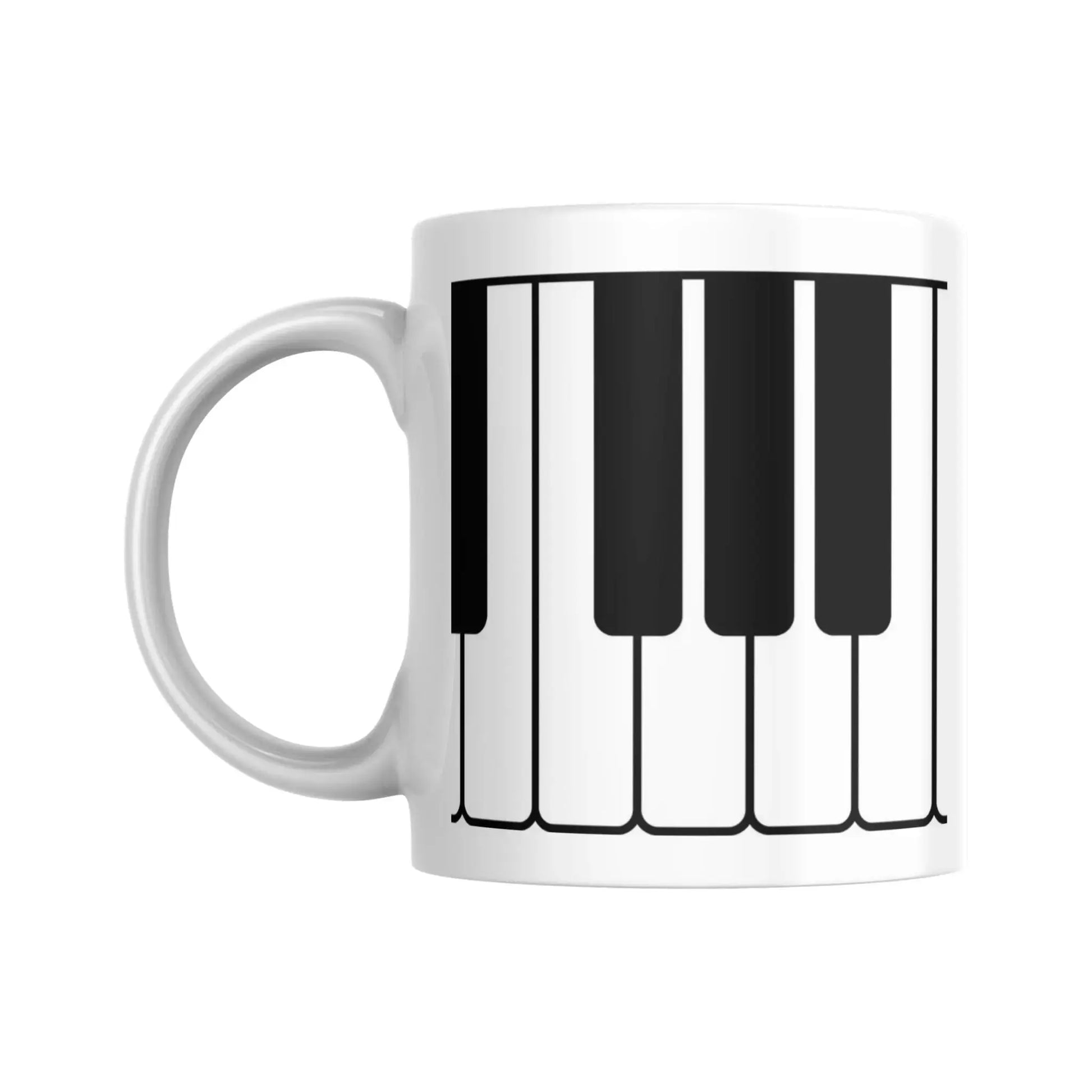 Mug blanc céramique 325ml orné d'une illustration d'un clavier de piano. Coté recto