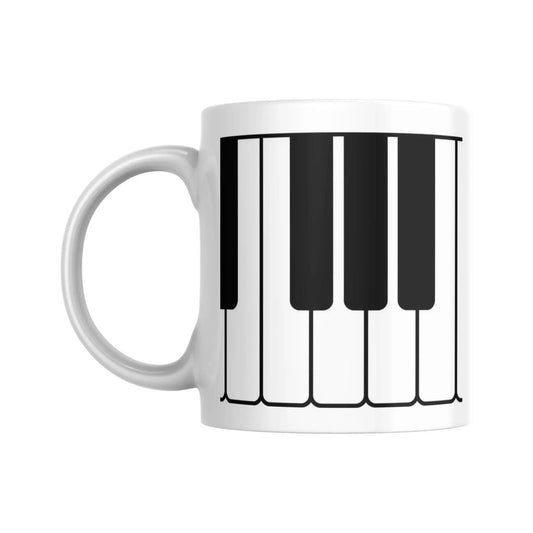 Mug blanc céramique 325ml orné d'une illustration d'un clavier de piano. Coté recto
