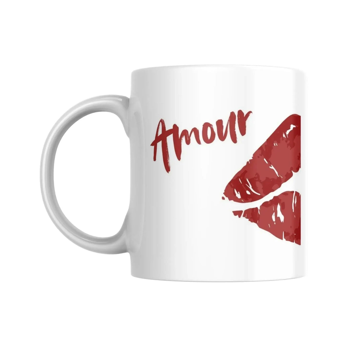 Mug blanc céramique 325ml orné d'une illustration de lèvres rouges façon pop art. Vue gauche