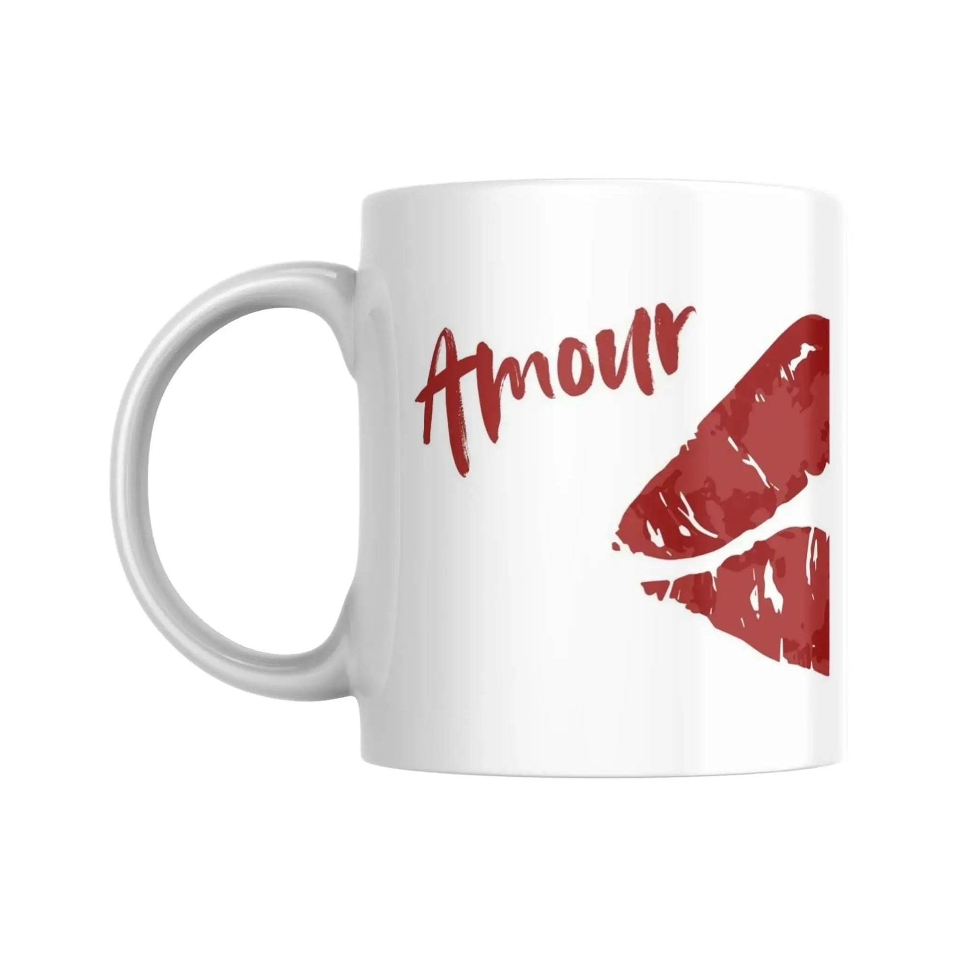Mug blanc céramique 325ml orné d'une illustration de lèvres rouges façon pop art. Vue gauche
