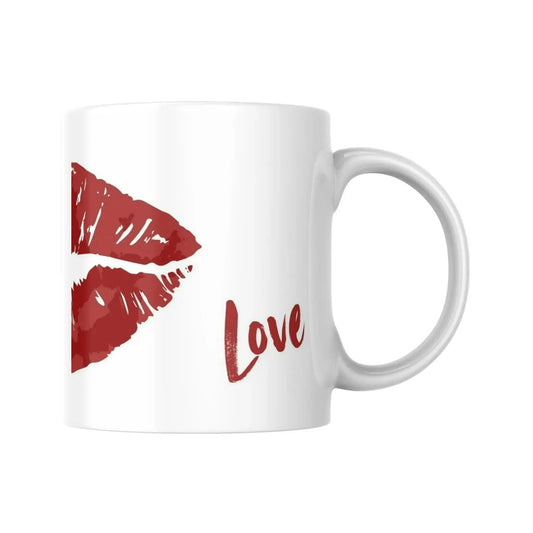 Mug blanc céramique 325ml orné d'une illustration de lèvres rouges façon pop art. Vue droite
