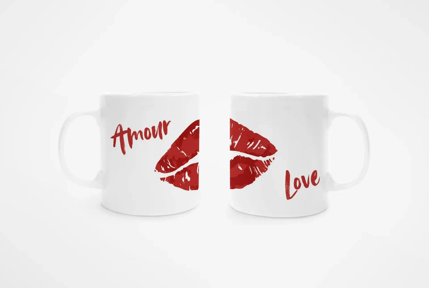 Mug blanc céramique 325ml orné d'une illustration de lèvres rouges façon pop art. Vues recto-verso