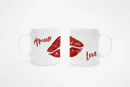 Mug blanc céramique 325ml orné d'une illustration de lèvres rouges façon pop art. Vues recto-verso