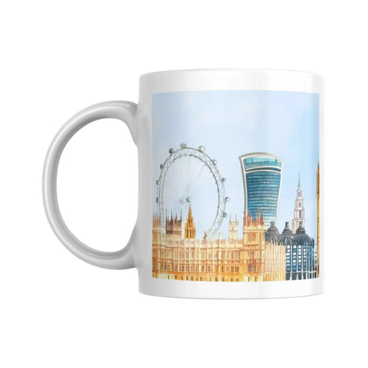 Mug céramique blanc avec illustration panoramique de Londres style aquarelle.  Vue 1 | Place des Images