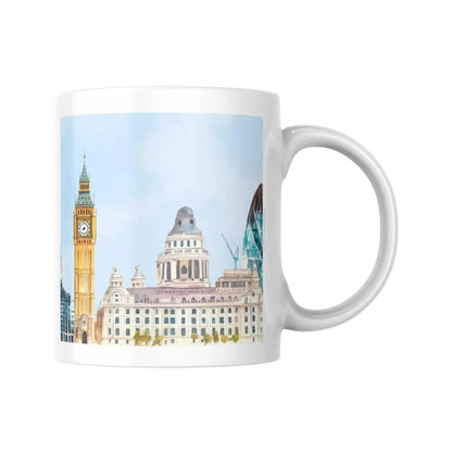 Mug céramique blanc avec illustration panoramique de Londres style aquarelle.  Vue 2 | Place des Images