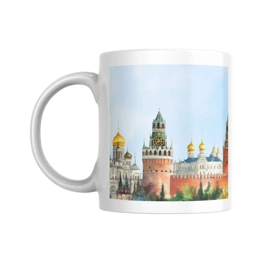Mug céramique blanc avec illustration panoramique de Moscou style aquarelle.  Vue 1 | Place des Images