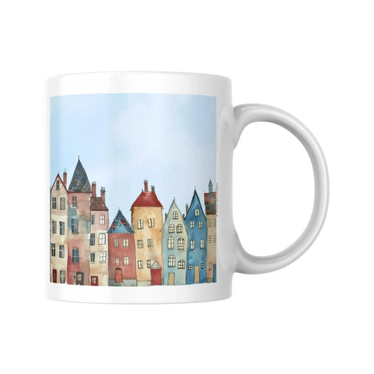 Mug en céramique blanche avec illustration panoramique de maisons colorées style ville européenne ancienne. Vue 2 - Place des Images