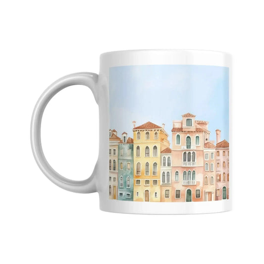Mug céramique blanc avec illustration de façades de palais vénitiens style aquarelle.  Vue 1 | Place des Images