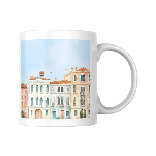 Mug céramique blanc avec illustration de façades de palais vénitiens style aquarelle.  Vue 2 | Place des Images