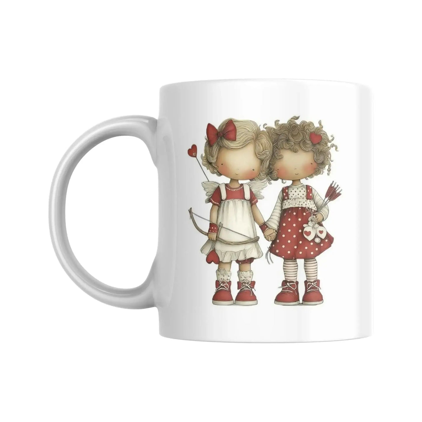 Mug blanc céramique 325ml avec 2 illustrations de couples de jeunes femmes LGBT. Vue 1