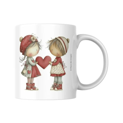 Mug blanc céramique 325ml avec 2 illustrations de couples de jeunes femmes LGBT. Vue 2