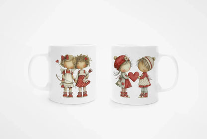 Mug blanc céramique 325ml avec 2 illustrations de couples de jeunes femmes LGBT. Vues recto-verso