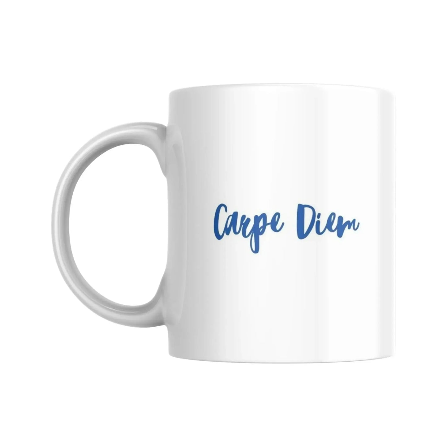Mug blanc céramique 325ml avec illustration Arbre de vie bleu et expression Carpe Diem. Vue côté texte