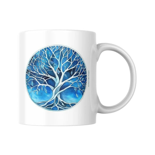 Mug blanc céramique 325ml avec illustration Arbre de vie bleu et citation de Voltaire. Vue côté arbre