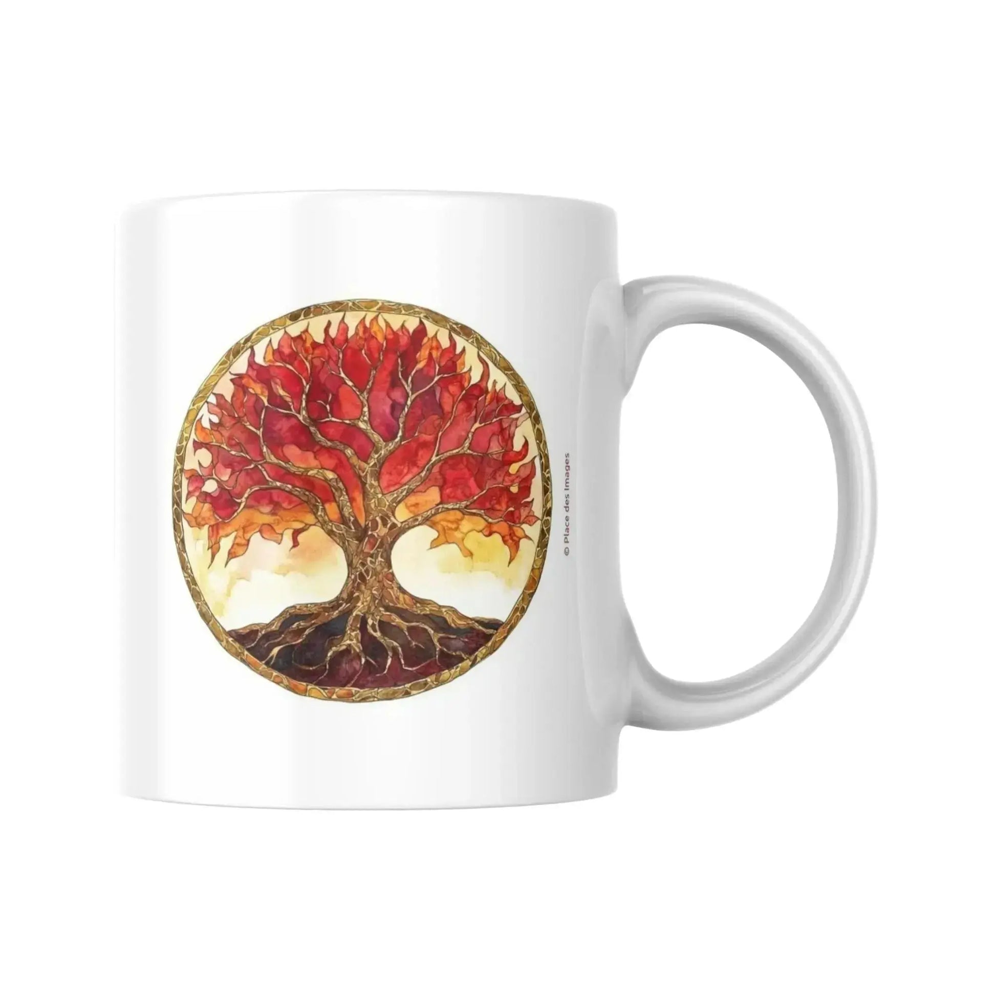 Mug blanc céramique 325ml avec illustration Arbre de vie roux et expression "La joie est en tout". Vue côté arbre
