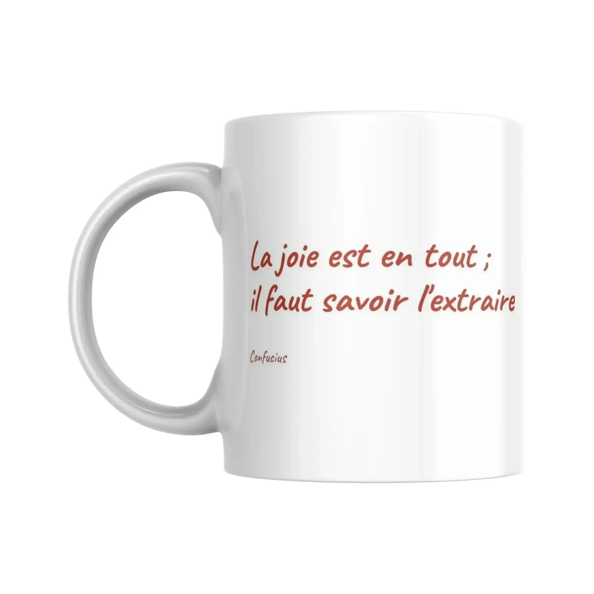 Mug blanc céramique 325ml avec illustration Arbre de vie roux et expression "La joie est en tout". Vue côté texte