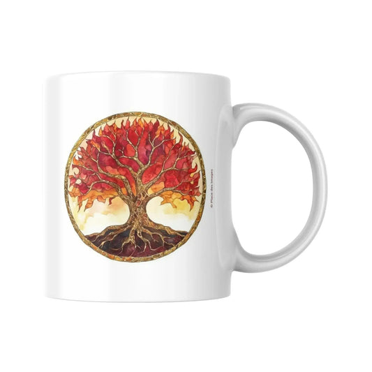 Mug blanc céramique 325ml avec illustration Arbre de vie roux et expression "La joie est en tout". Vue côté arbre