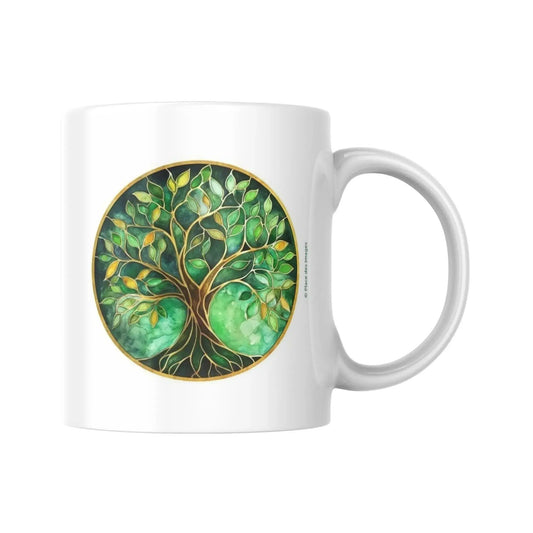 Mug blanc céramique 325ml avec illustration Arbre de vie vert et expression "Le moral dans les choses chouettes". Vue côté arbre