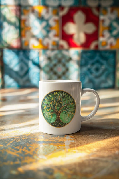 Mug blanc céramique 325ml avec illustration Arbre de vie vert et expression "J'ai le moral dans les choses chouettes". Mise en situation