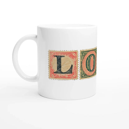 Mug cadeau avec le mot Love en lettres façon timbre poste vintage - Vue gauche