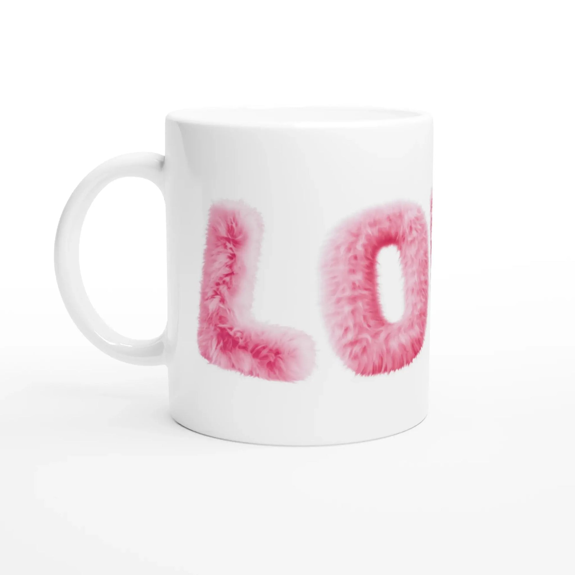 Mug cadeau avec le mot Love en lettres roses façon fourrure - Vue gauche