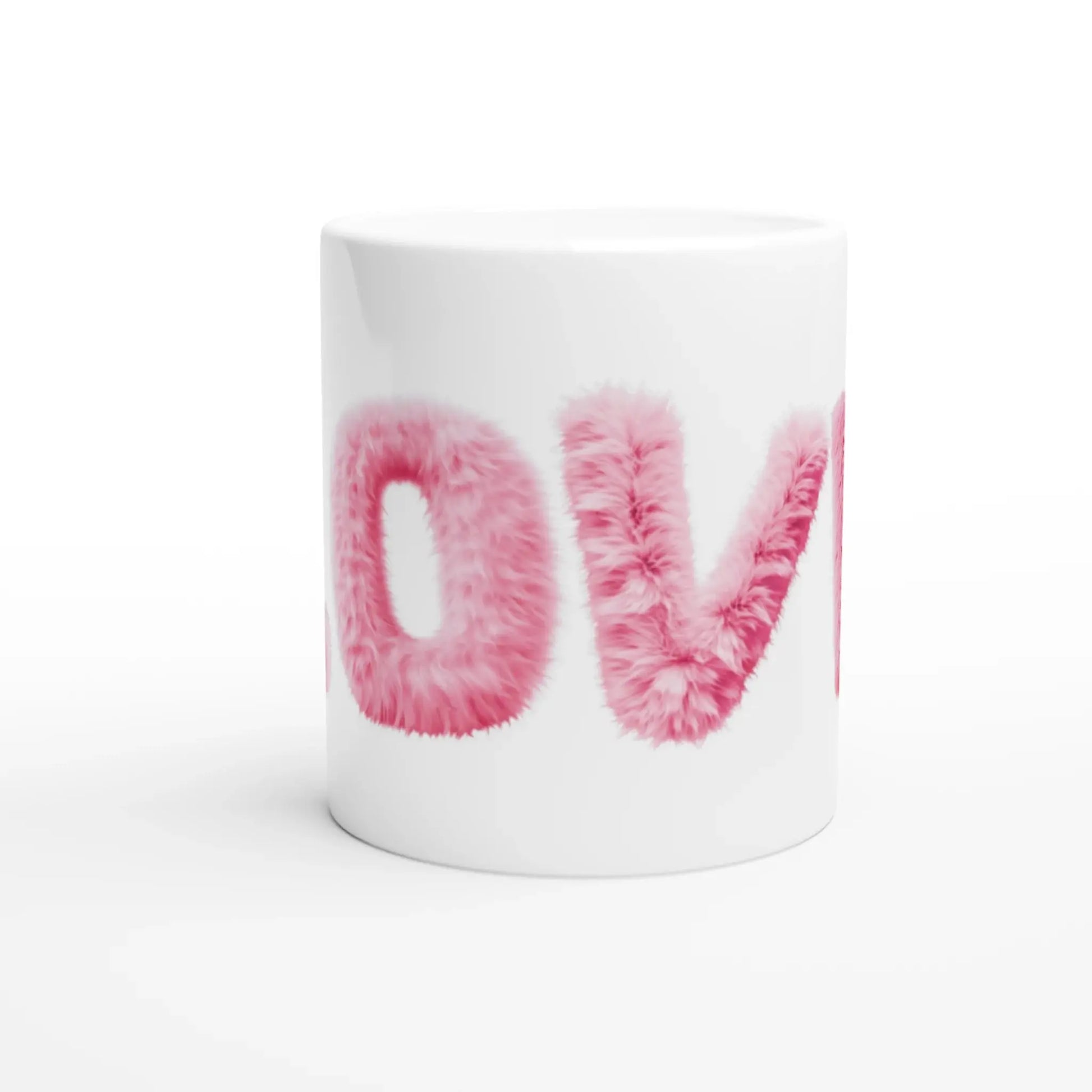  Mug cadeau  avec le mot Love en lettres roses façon fourrure - Vue centrale